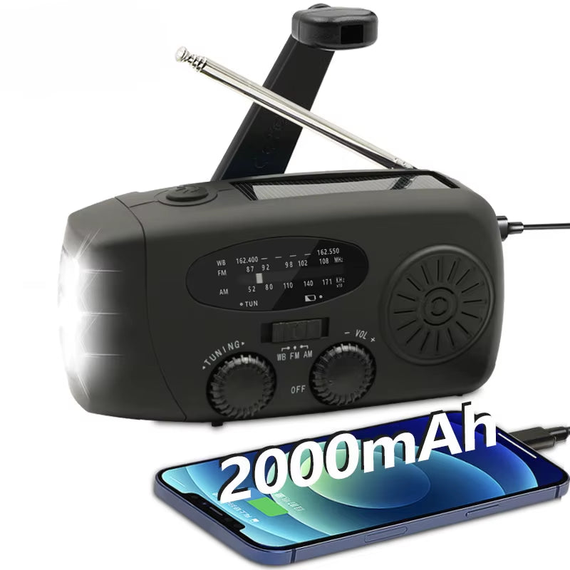Emergency Portable Radio 2000Mah Solar Hand Crank Cell Phone Charger AM/FM Radio LED Flashlight Outdoor Indoor Light Night