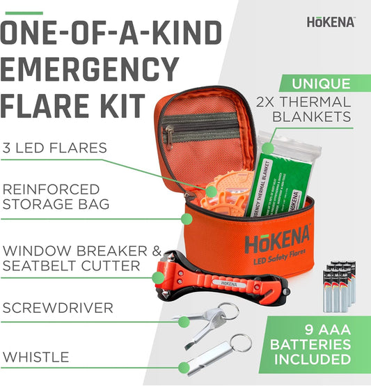 LED Road Flares 9 Piece Set, Emergency Lights Complete Car Safety Kit, Roadside Warning Flare Beacon Disc for Vehicle & Boat with Magnetic Base, with Batteries, Seatbelt Cutter & Window Breaker