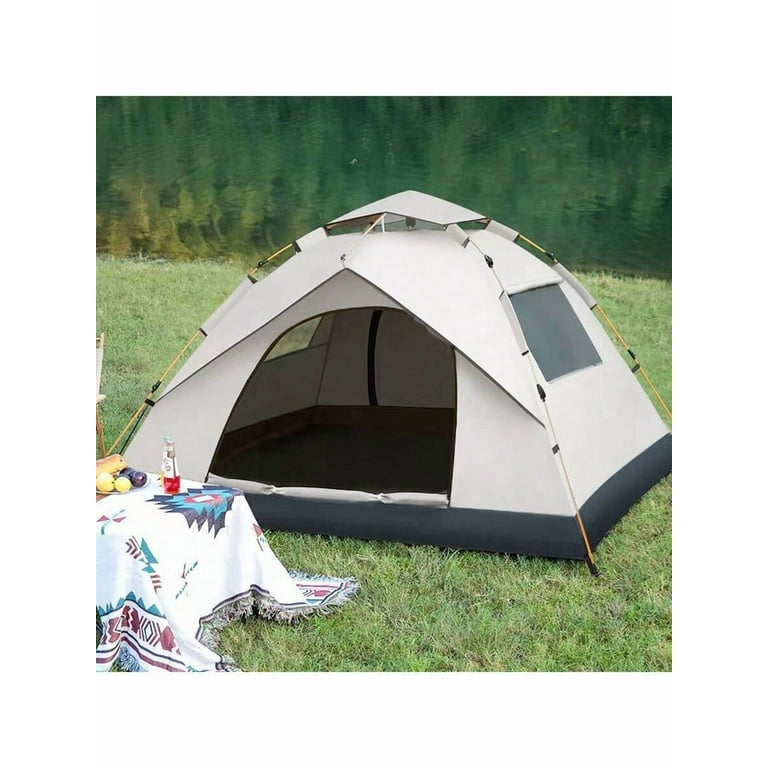 A Four-Person Automatic Pop-Up Tent Measuring 78*78*59 Inches, Featuring Two Doors And Two Windows. It Has a Zipper Closure, Made of Oxford Cloth, with a Fiberglass Frame And Mosquito-Proof Design, Making It Ideal for Camping, Fishing, Hiking