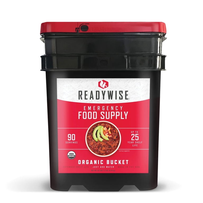 '- Organic Bucket, 9 Servings, Emergency, MRE Meal, Food Supply, Premade, Freeze Dried Survival Food for Hiking, Adventure and Camping Essentials, Individually Packaged, 25 Year Shelf Life