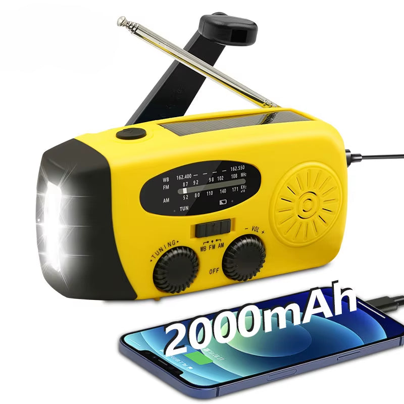 Emergency Portable Radio 2000Mah Solar Hand Crank Cell Phone Charger AM/FM Radio LED Flashlight Outdoor Indoor Light Night