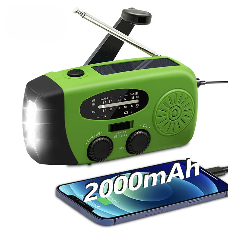 Emergency Portable Radio 2000Mah Solar Hand Crank Cell Phone Charger AM/FM Radio LED Flashlight Outdoor Indoor Light Night