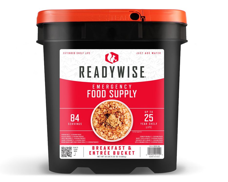 84-Serving Breakfast & Entrée Emergency Food Bucket, Premade Freeze Dried Meals for Camping, Hiking, 25 Year Shelf Life