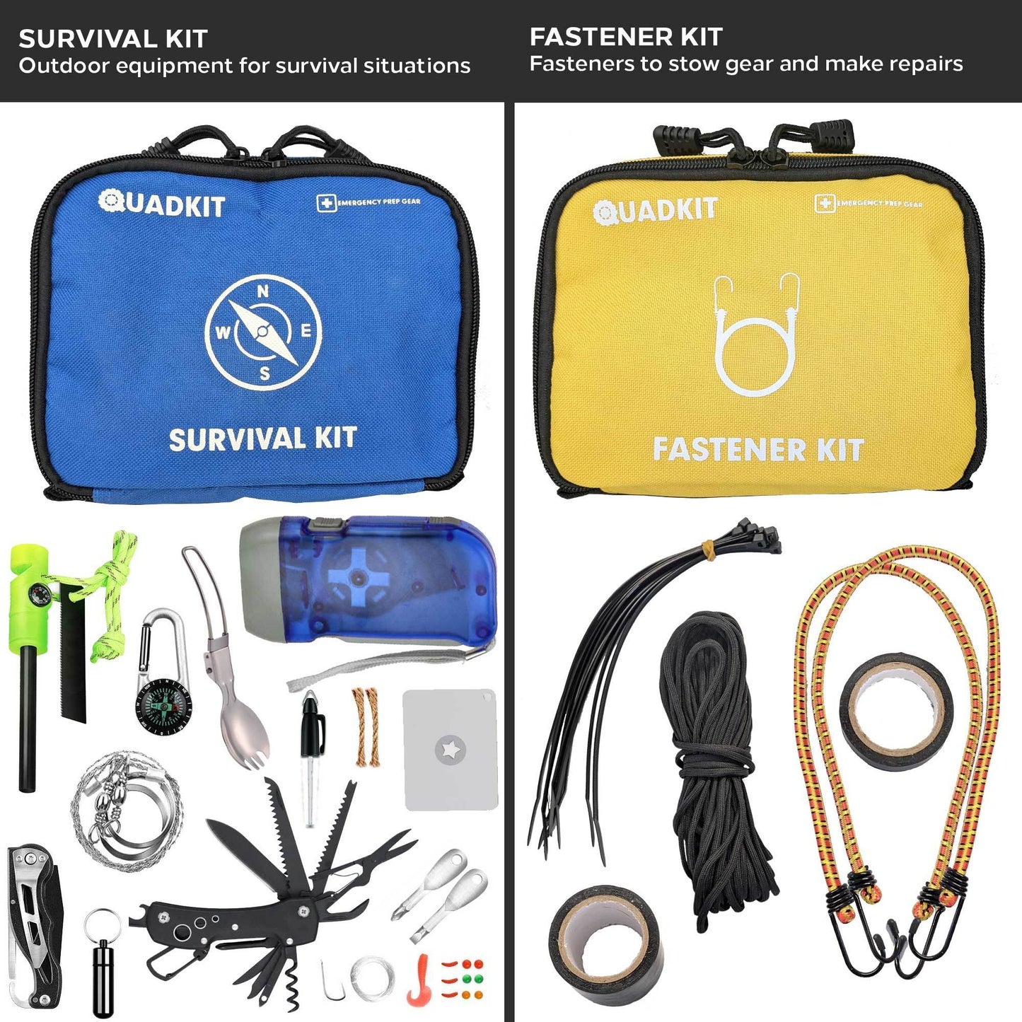 QUADKIT ATV Emergency Kit (106 Essential Items) for ATV; UTV; SxS; 4 Wheelers; Quads; Side by Sides; 4x4s; Off-Road | 4-in-1 Kit: Auto Kit; First Aid Kit; Survival Kit; Fastener Kit
