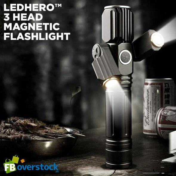 LEDHero™ 3 Head Magnetic Flashlight with 1000 lumens brightness and adjustable triple LED heads on a dark surface next to cans and food