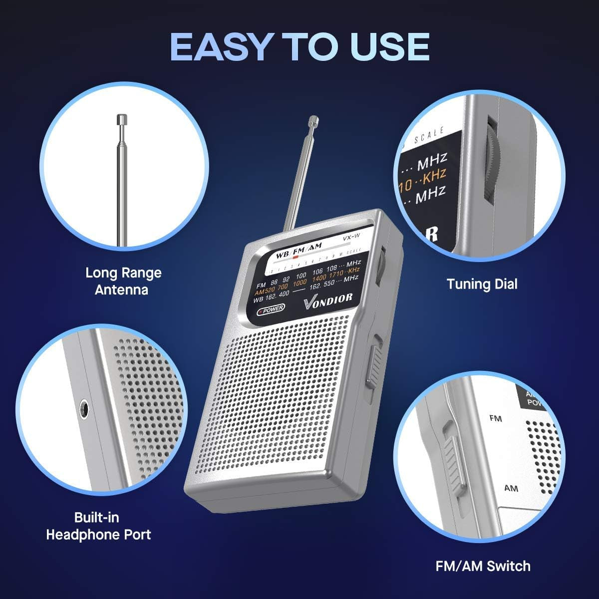 NOAA Weather Radio - Emergency NOAA/AM/FM Battery Operated Portable Radio with Best Reception and Longest Lasting Transistor. Powered by 2 AA Battery with Mono Headphone Socket, by  (Silver)