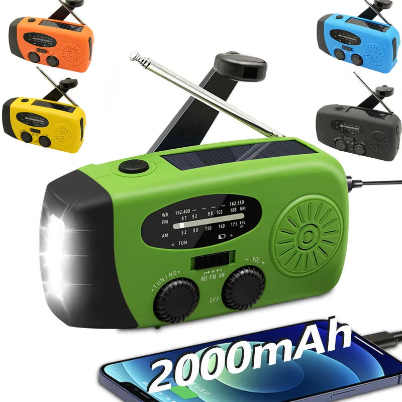 Emergency Portable Radio 2000Mah Solar Hand Crank Cell Phone Charger AM/FM Radio LED Flashlight Outdoor Indoor Light Night