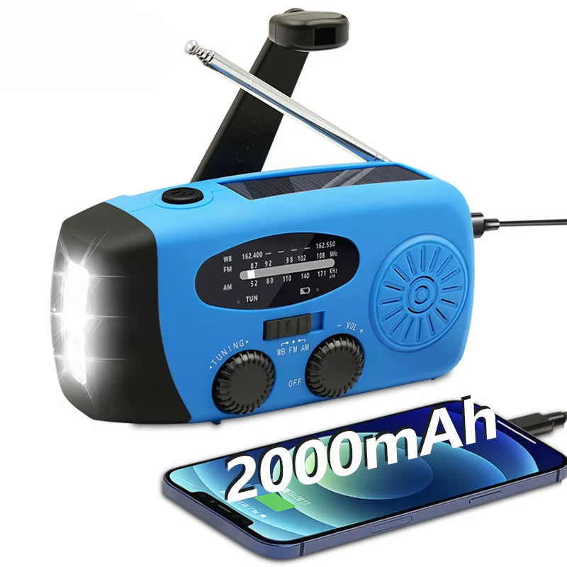 Emergency Portable Radio 2000Mah Solar Hand Crank Cell Phone Charger AM/FM Radio LED Flashlight Outdoor Indoor Light Night