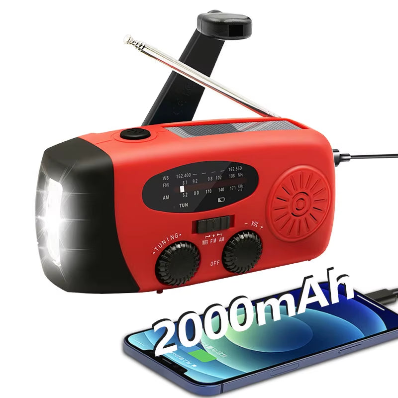 Emergency Portable Radio 2000Mah Solar Hand Crank Cell Phone Charger AM/FM Radio LED Flashlight Outdoor Indoor Light Night