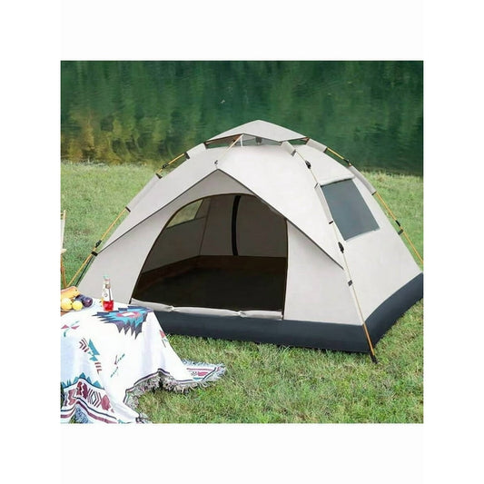 A Four-Person Automatic Pop-Up Tent Measuring 78*78*59 Inches, Featuring Two Doors And Two Windows. It Has a Zipper Closure, Made of Oxford Cloth, with a Fiberglass Frame And Mosquito-Proof Design, Making It Ideal for Camping, Fishing, Hiking