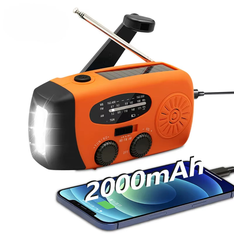 Emergency Portable Radio 2000Mah Solar Hand Crank Cell Phone Charger AM/FM Radio LED Flashlight Outdoor Indoor Light Night