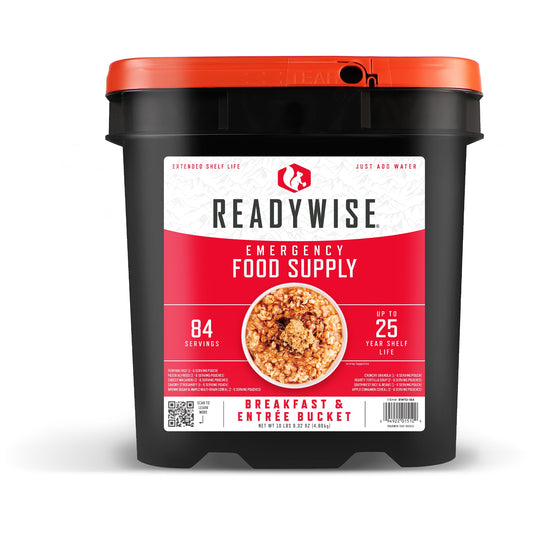 84-Serving Breakfast & Entrée Emergency Food Bucket, Premade Freeze Dried Meals for Camping, Hiking, 25 Year Shelf Life