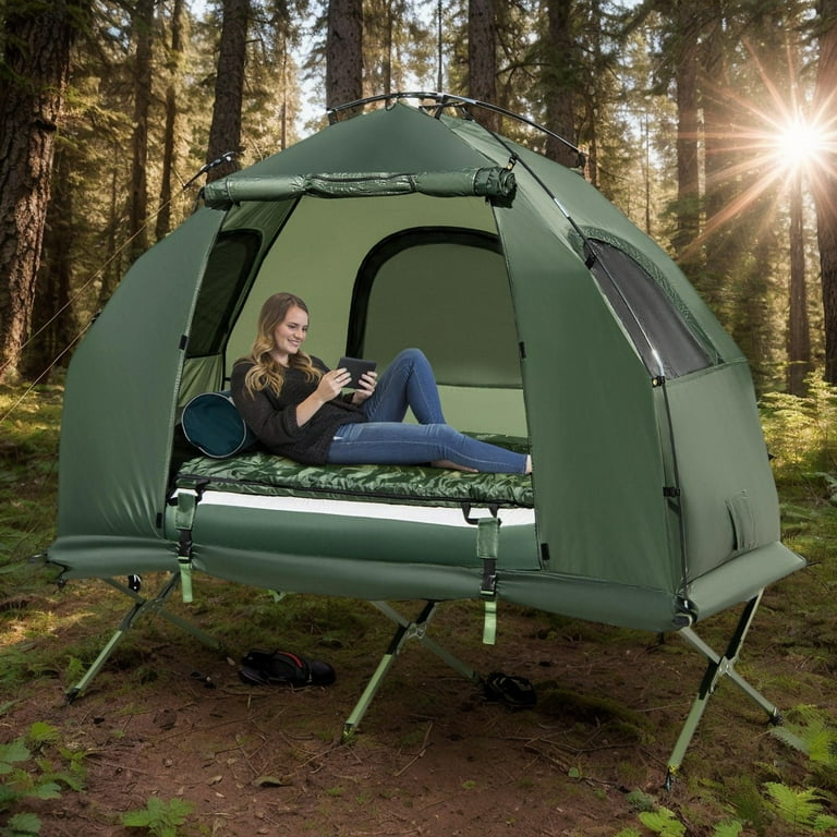 1-Person Folding Camping Tent with Sunshade and Air Mattress