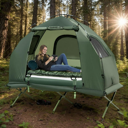 1-Person Folding Camping Tent with Sunshade and Air Mattress