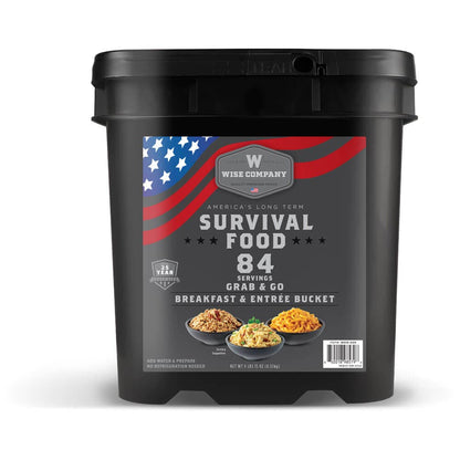 84-Serving Breakfast & Entrée Emergency Food Bucket, Premade Freeze Dried Meals for Camping, Hiking, 25 Year Shelf Life