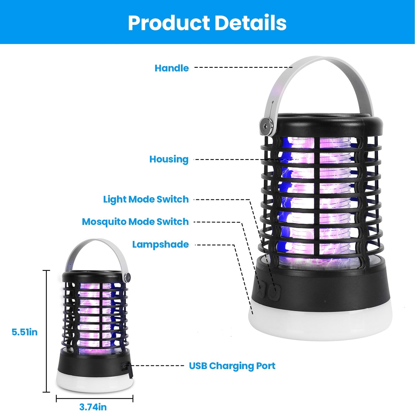 4 In 1 Bug Zapper Light Rechargeable Mosquito Zapper for Indoor Outdoor Waterproof Mosquito Killer Lamp with 3 Lighting Modes for Patio Yard Home