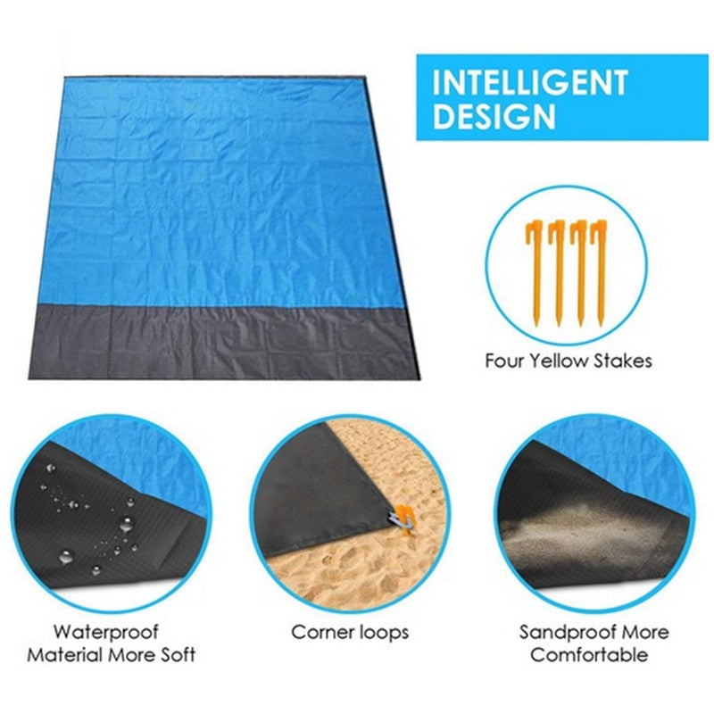 2x2.1m/ 6.4x6.4 feet Waterproof Pocket Beach Blanket Folding Camping Mat Mattress Portable Lightweight Mat Outdoor Picnic Mat Sand Beach Mat