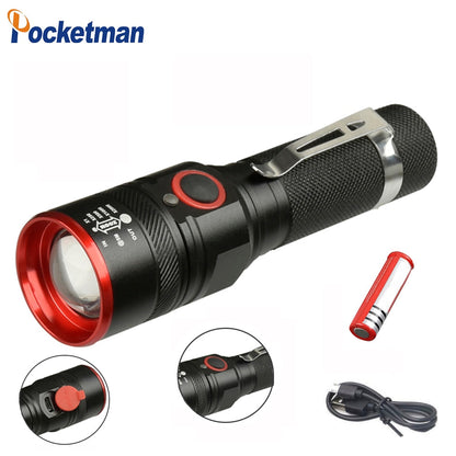 Waterproof 5200LM USB rechargeable black aluminum flashlight with red accents, LED bulbs, adjustable brightness, and included battery and charging cable