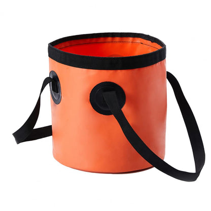 Orange collapsible 10L/20L water storage bag with black handles made of durable waterproof PU fabric for outdoor use