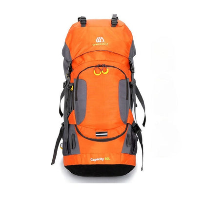 60L outdoor hiking backpack in orange and gray with multiple compartments and adjustable straps