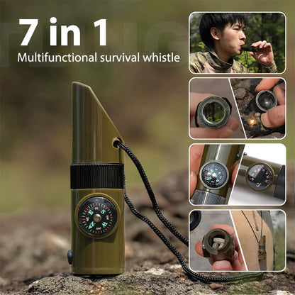 Multi-functional survival whistle with compass, flashlight, magnifying glass, thermometer, and lanyard for outdoor camping and hiking safety.