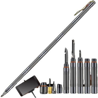 Multifunction trekking pole with survival tools including knife, harpoon, screwdriver, whistle, flint, and selfie stick attachments