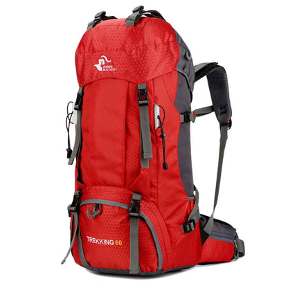 Red 60L outdoor backpack camping bag with adjustable straps and rain cover