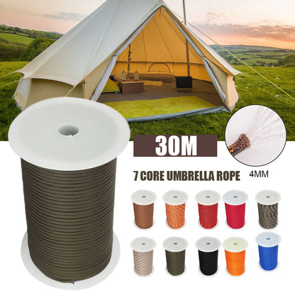 30M 7 strand paracord spool with various colors and camping tent background showing durable, high tensile strength parachute rope